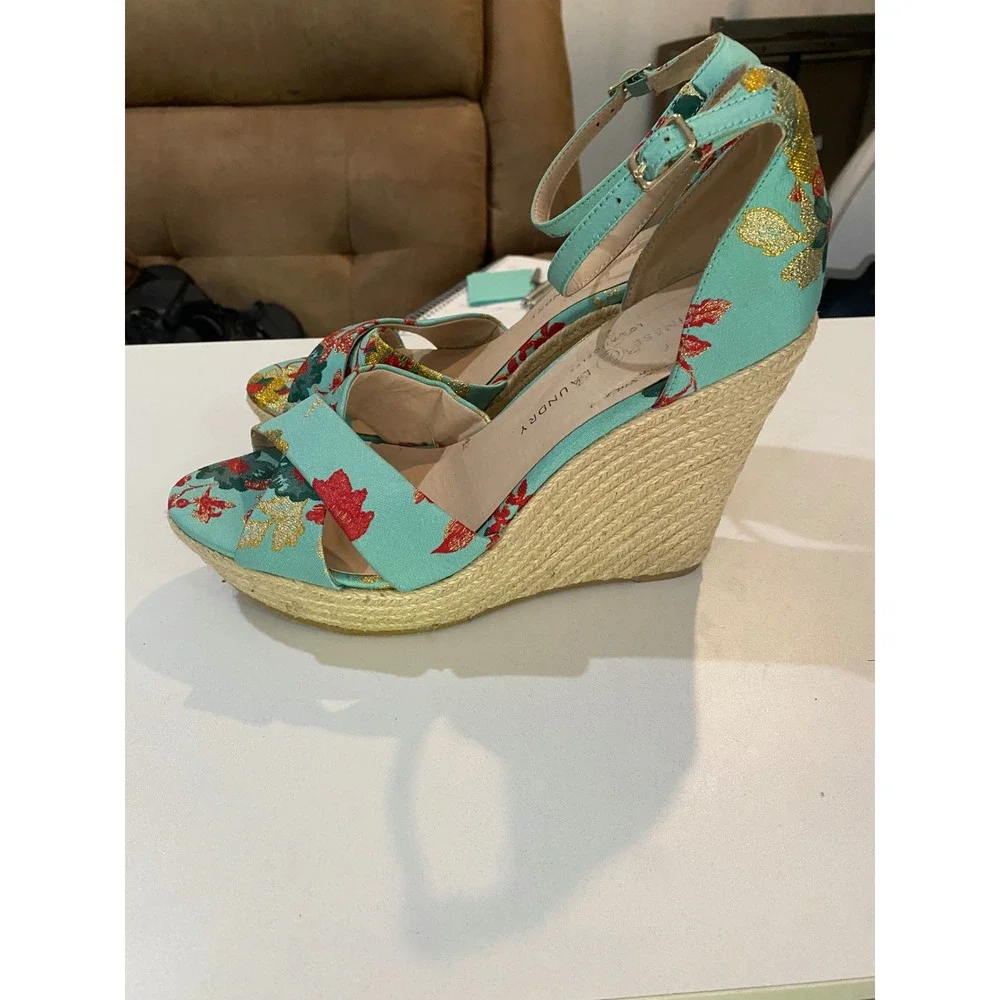 Chinese Laundry Aqua‎ Blue Floral Brocade Espadrille Wedge Sandals Womens 9.5M